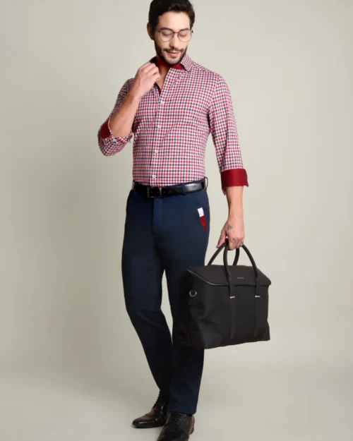 Maroon and Navy Grid Shirt with Stretch Navy Chino Designer Pair