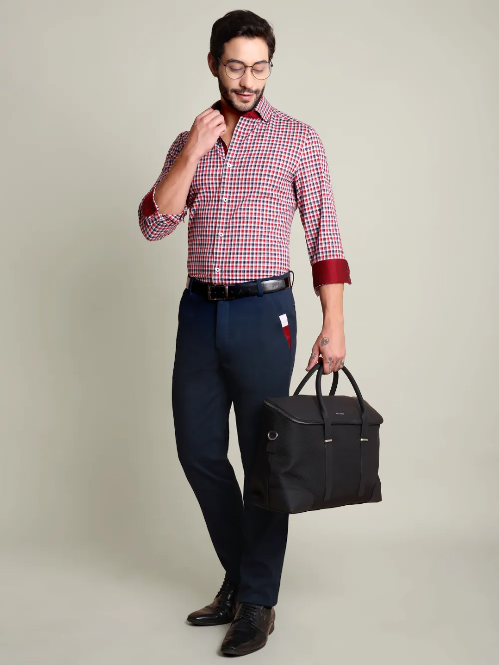 Maroon and Navy Grid Shirt with Stretch Navy Chino Designer Pair