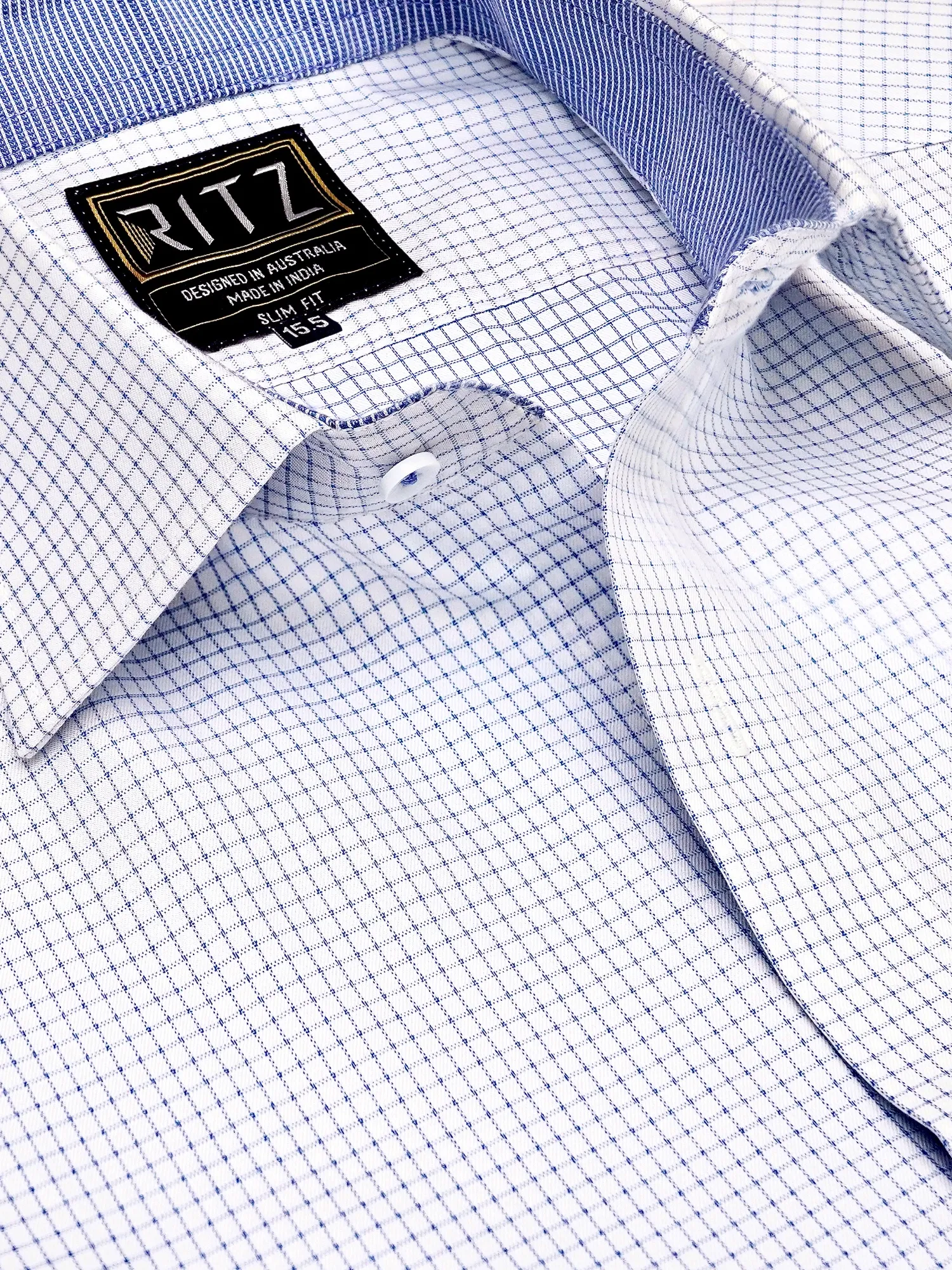 Non-Iron Pure Cotton White Shirt with Light Blue Checks – Dobby Weave