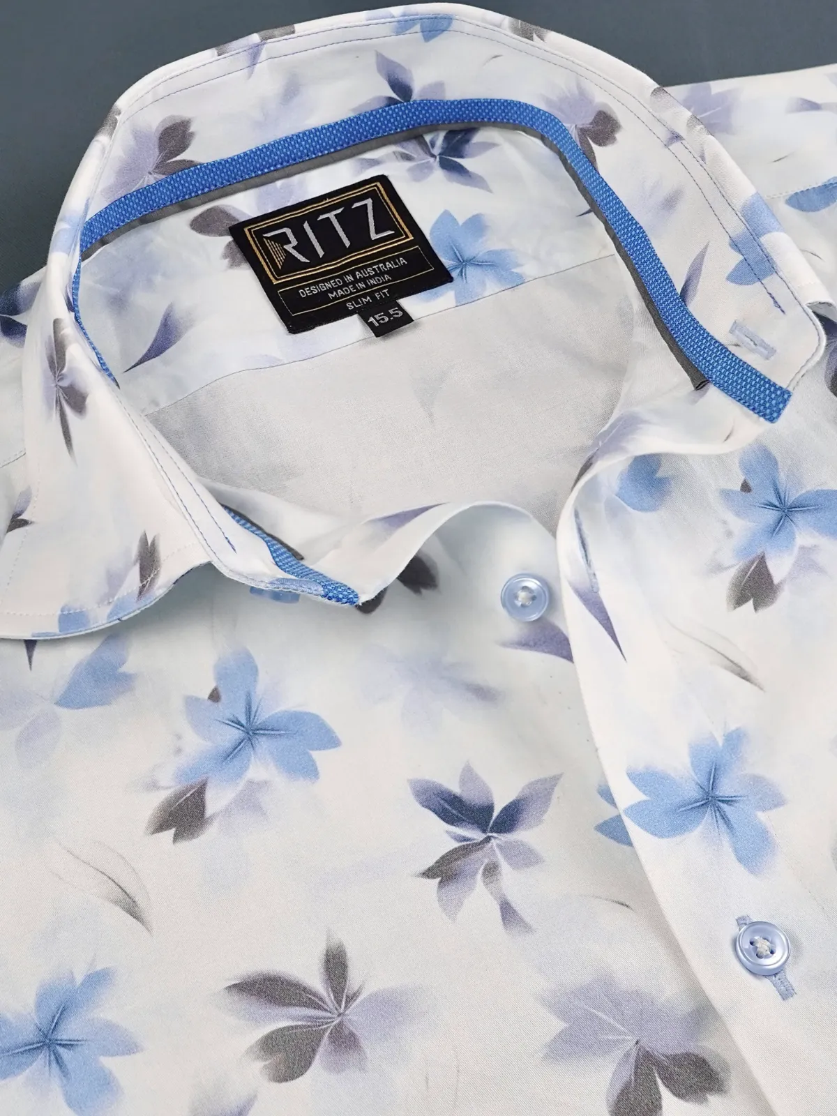 Blue and Grey Bloom in White Pure Cotton Shirt