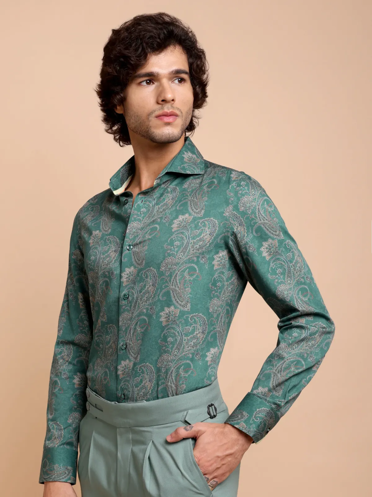 Dark Green Venin Shirt with Paisley Print
