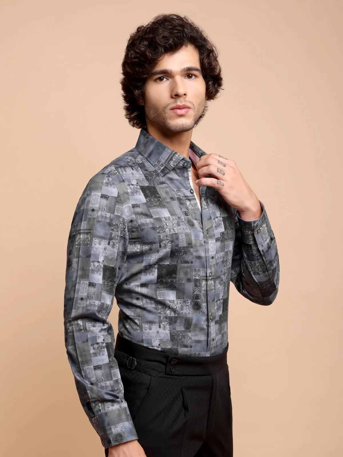 Pure Cotton Abstract Patches Shirt with Contrast Purple