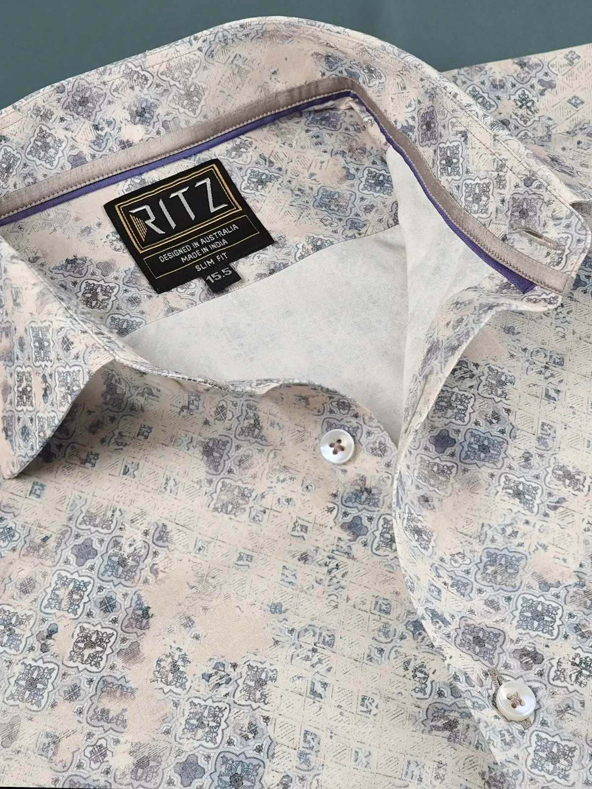 Vintage Vibes on Beige Base - Porcelain Bleu Pure Cotton Shirt