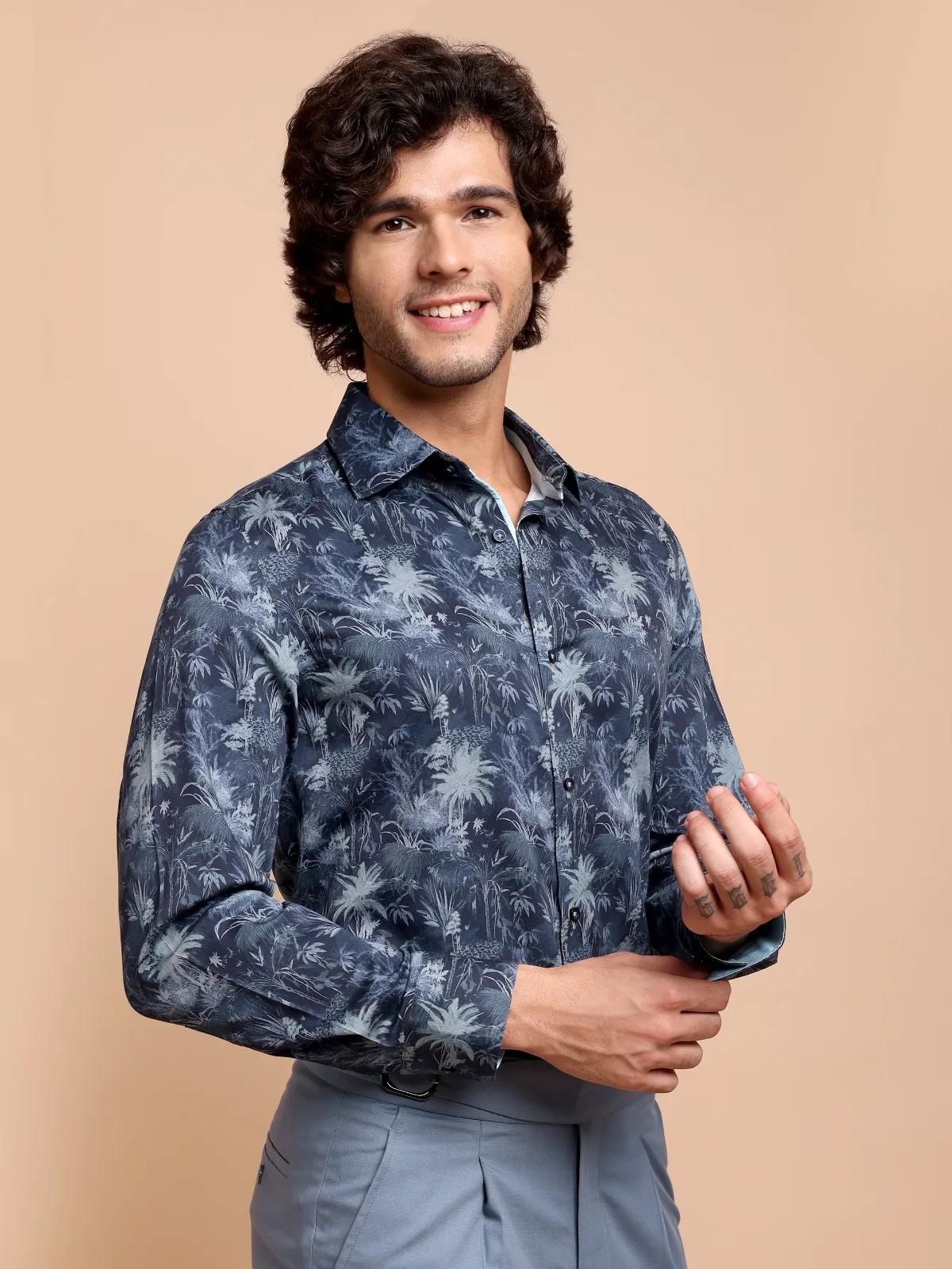 Pure Cotton Night Forest Print Indigo and Sky Shirt