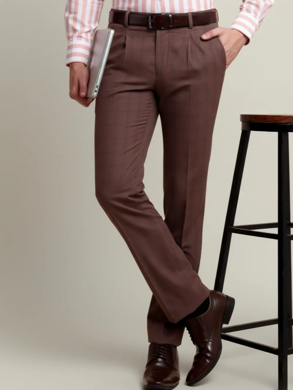 Brown Checked Trousers - Twill Weave