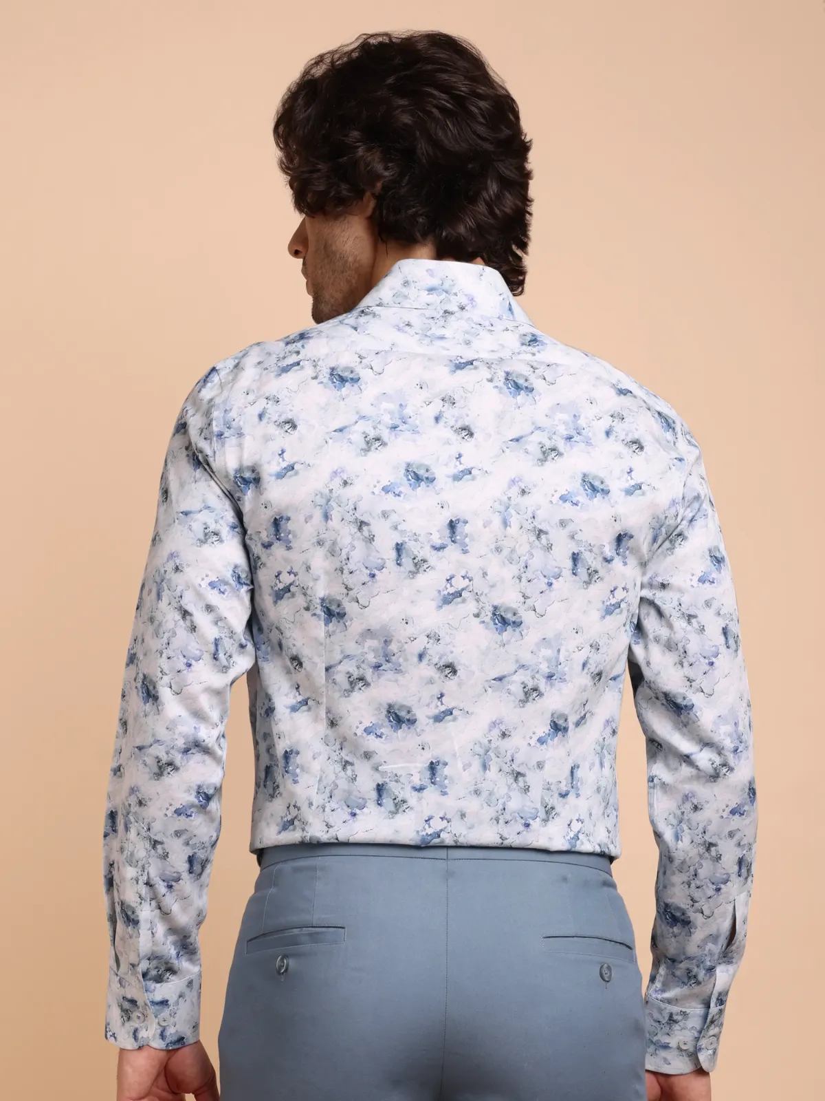 Abstract Print Blue Marble Shirt - Plain Weave