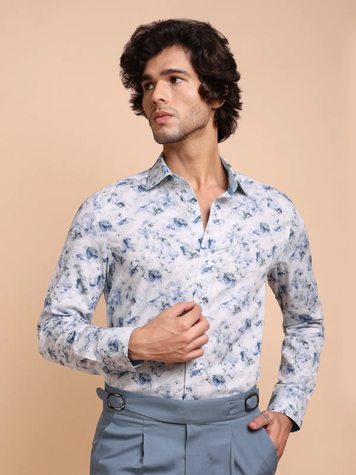 Abstract Print Blue Marble Shirt - Plain Weave