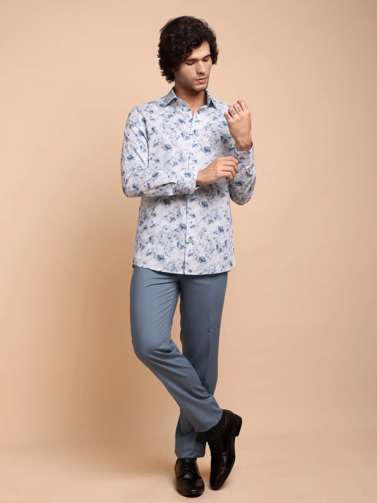 Abstract Print Blue Marble Shirt - Plain Weave