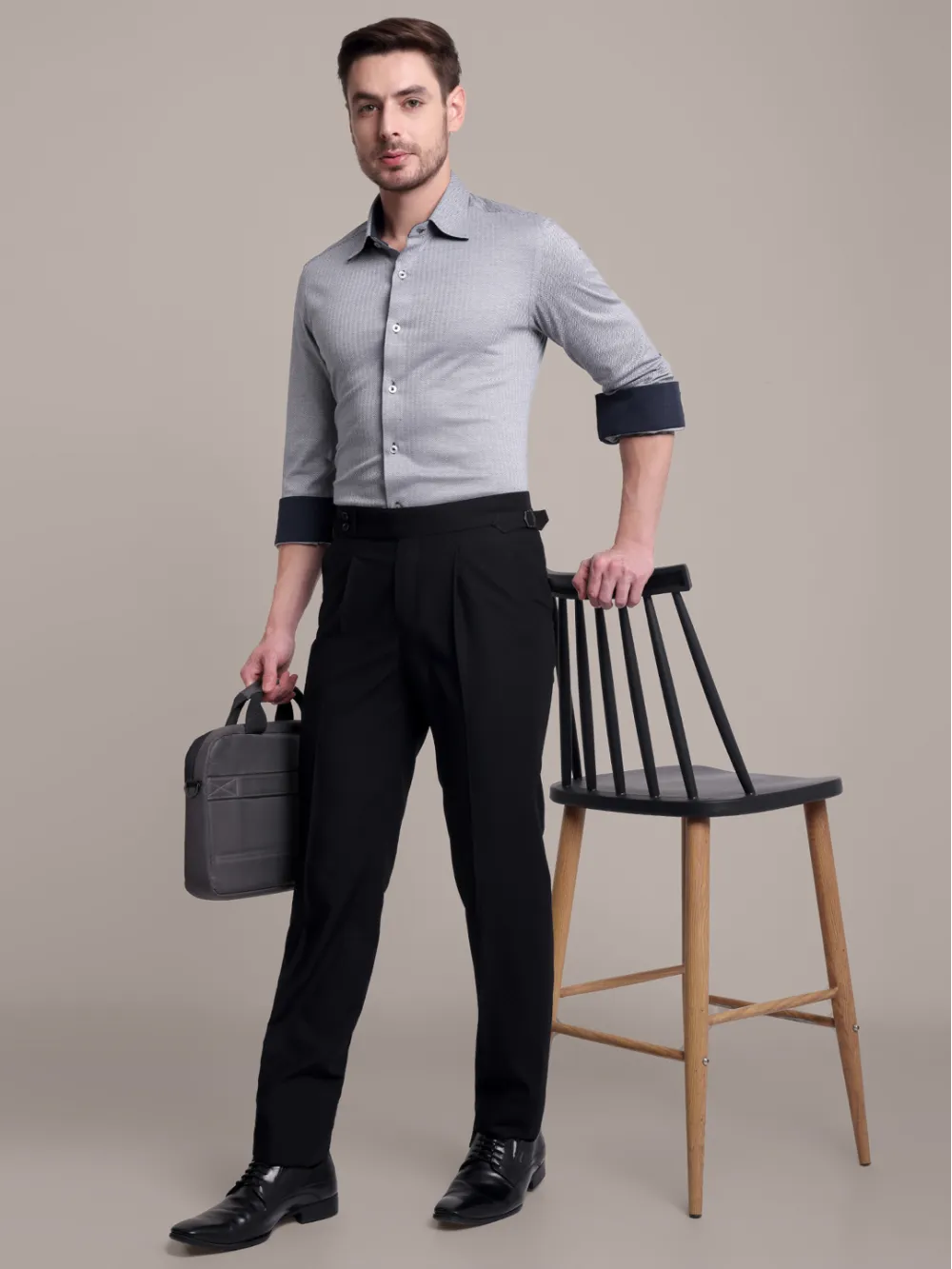 Black Self Checked Tailored Formal Trousers
