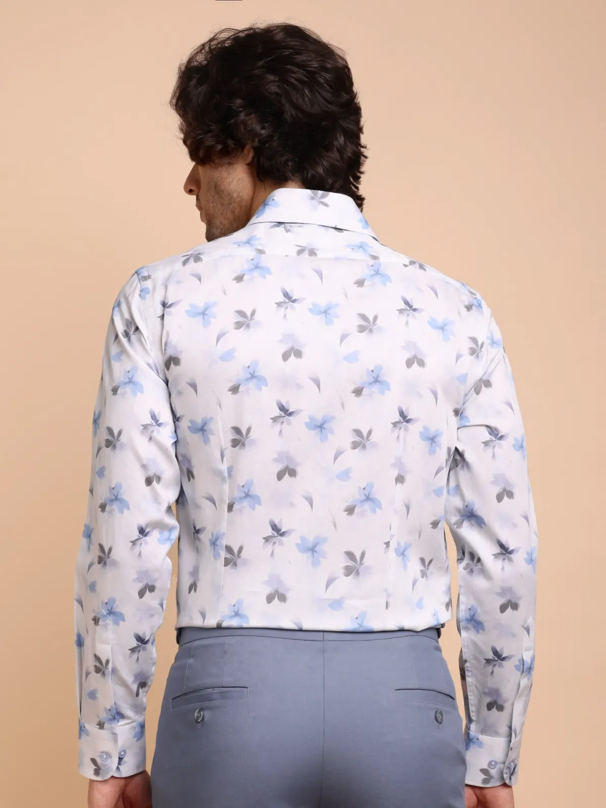 Blue and Grey Bloom in White Pure Cotton Shirt