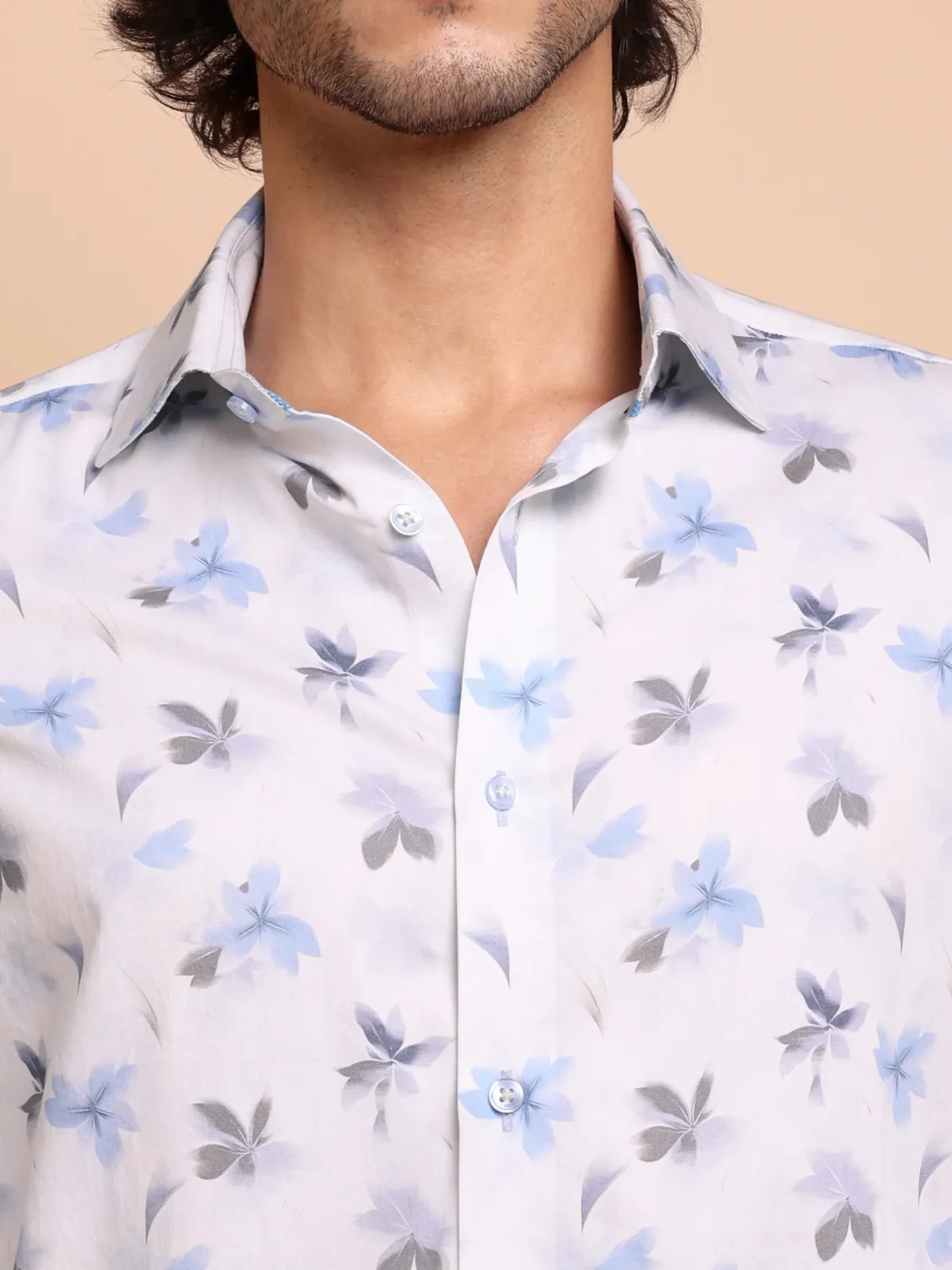Blue and Grey Bloom in White Pure Cotton Shirt