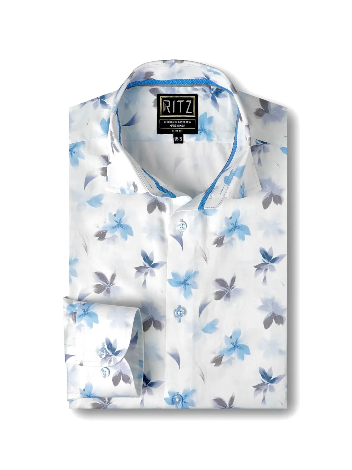 Blue and Grey Bloom in White Pure Cotton Shirt