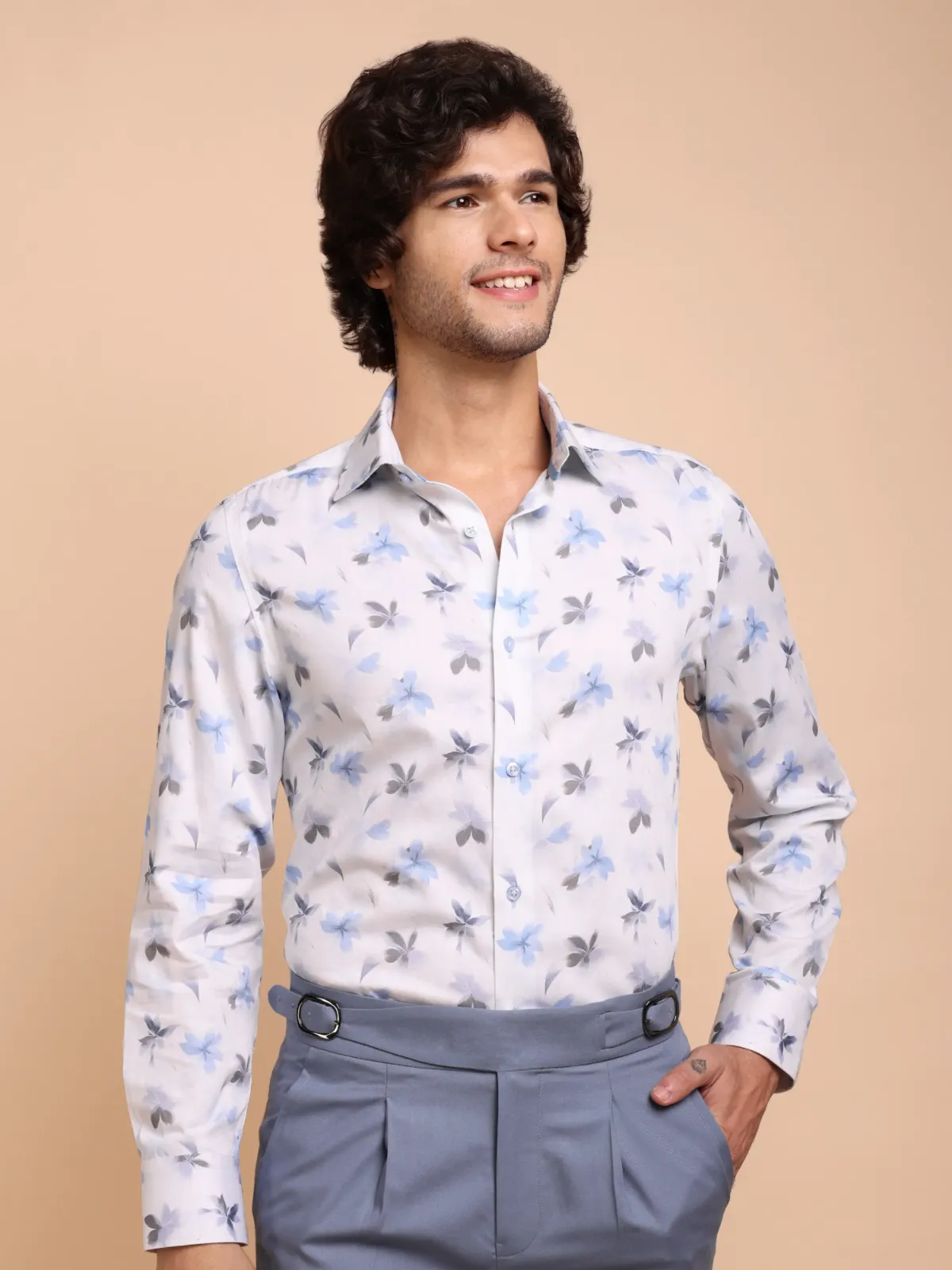 Blue and Grey Bloom in White Pure Cotton Shirt