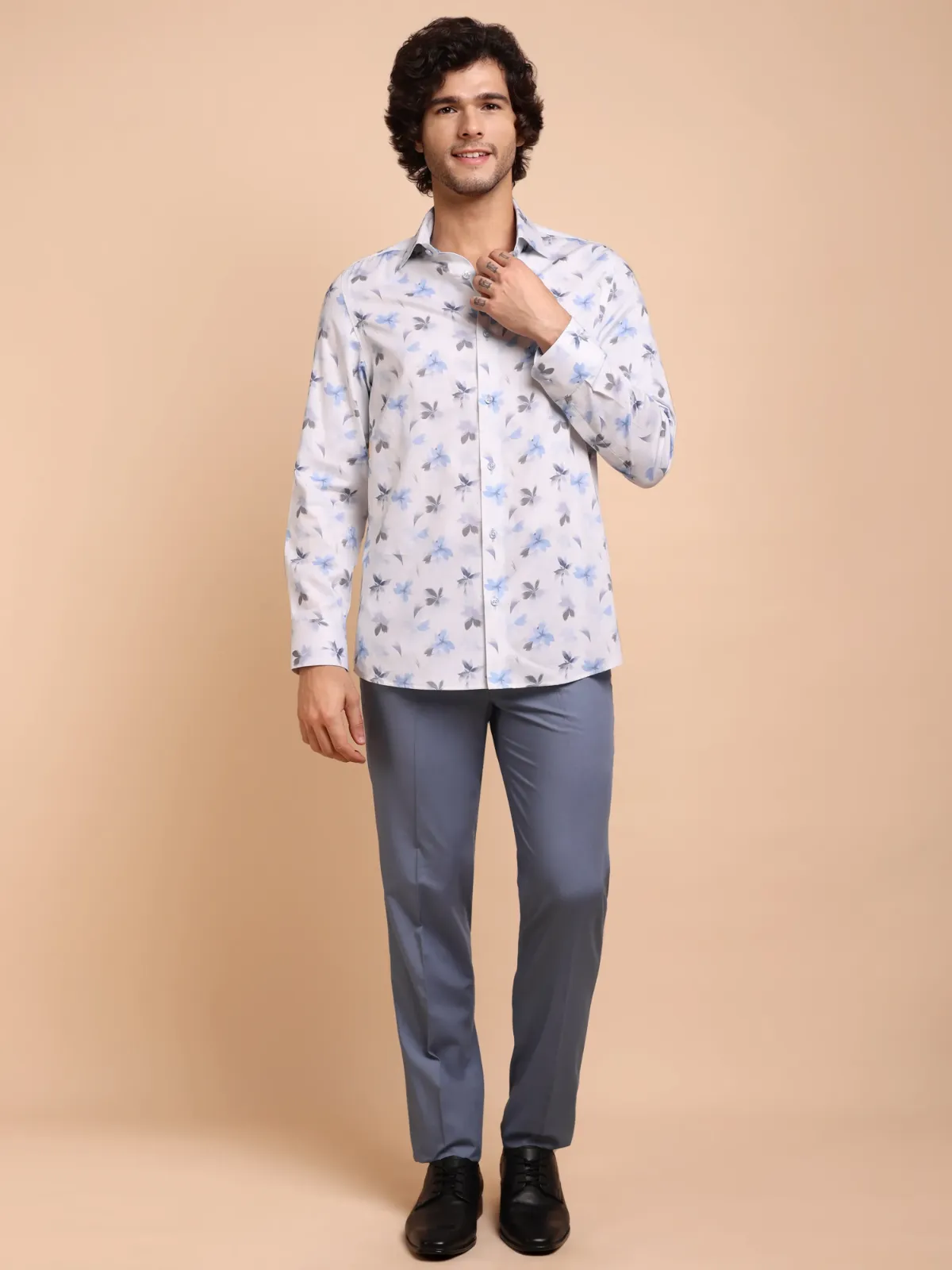 Blue and Grey Bloom in White Pure Cotton Shirt