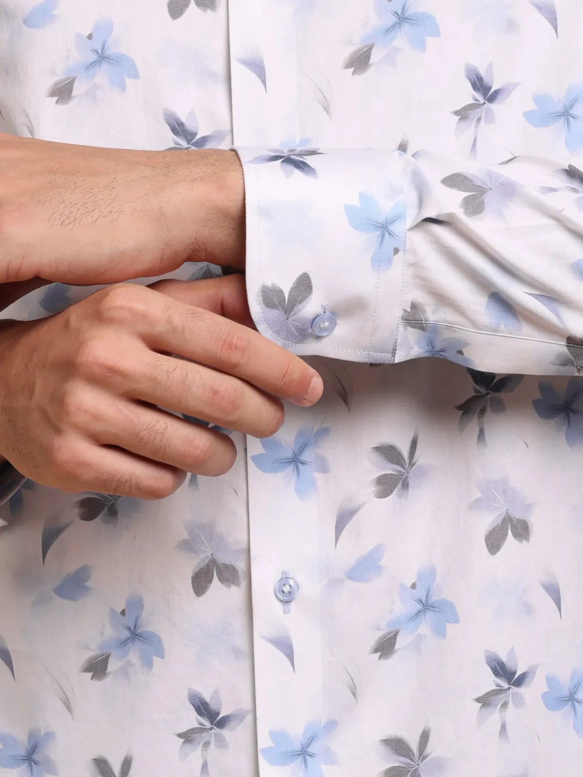 Blue and Grey Bloom in White Pure Cotton Shirt