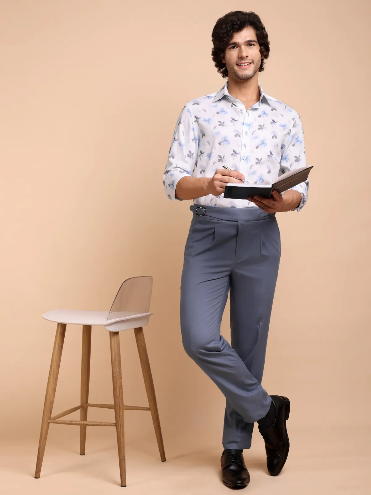 Blue and Grey Bloom in White Pure Cotton Shirt