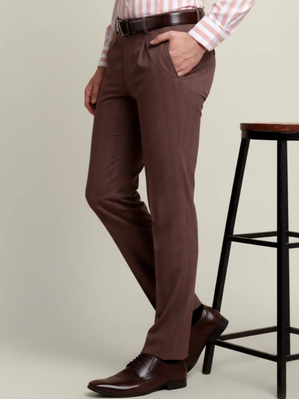 Brown Checked Trousers - Twill Weave