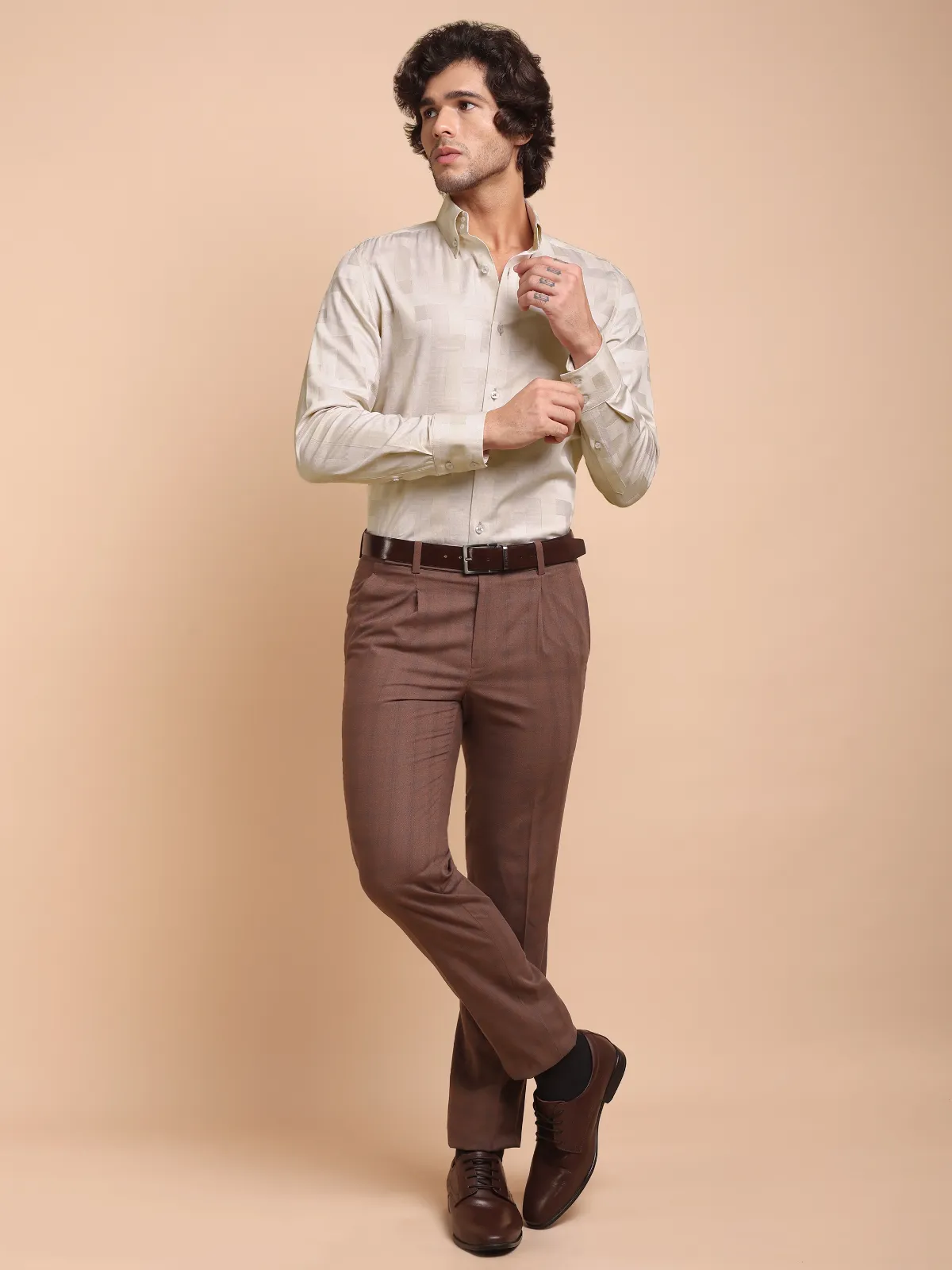 Brushed Gold Pure Cotton Shirt with Unique Self Pattern