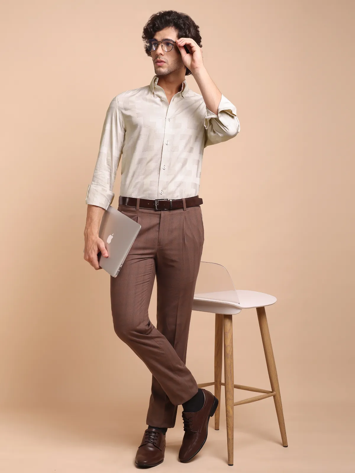 Brushed Gold Pure Cotton Shirt with Unique Self Pattern