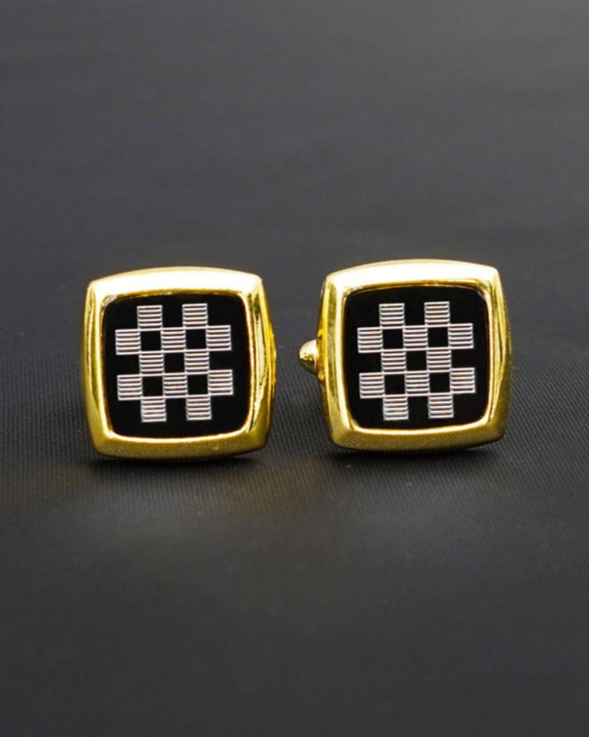 Black and Gray Grid with Gold Cufflinks - Square 