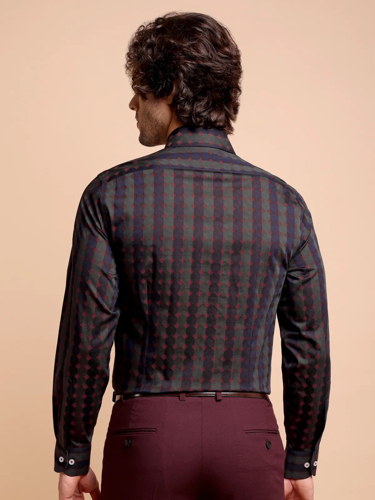 Pure Cotton Yarn-Dyed Shirt with Woven Diamond Pattern - Satin weave