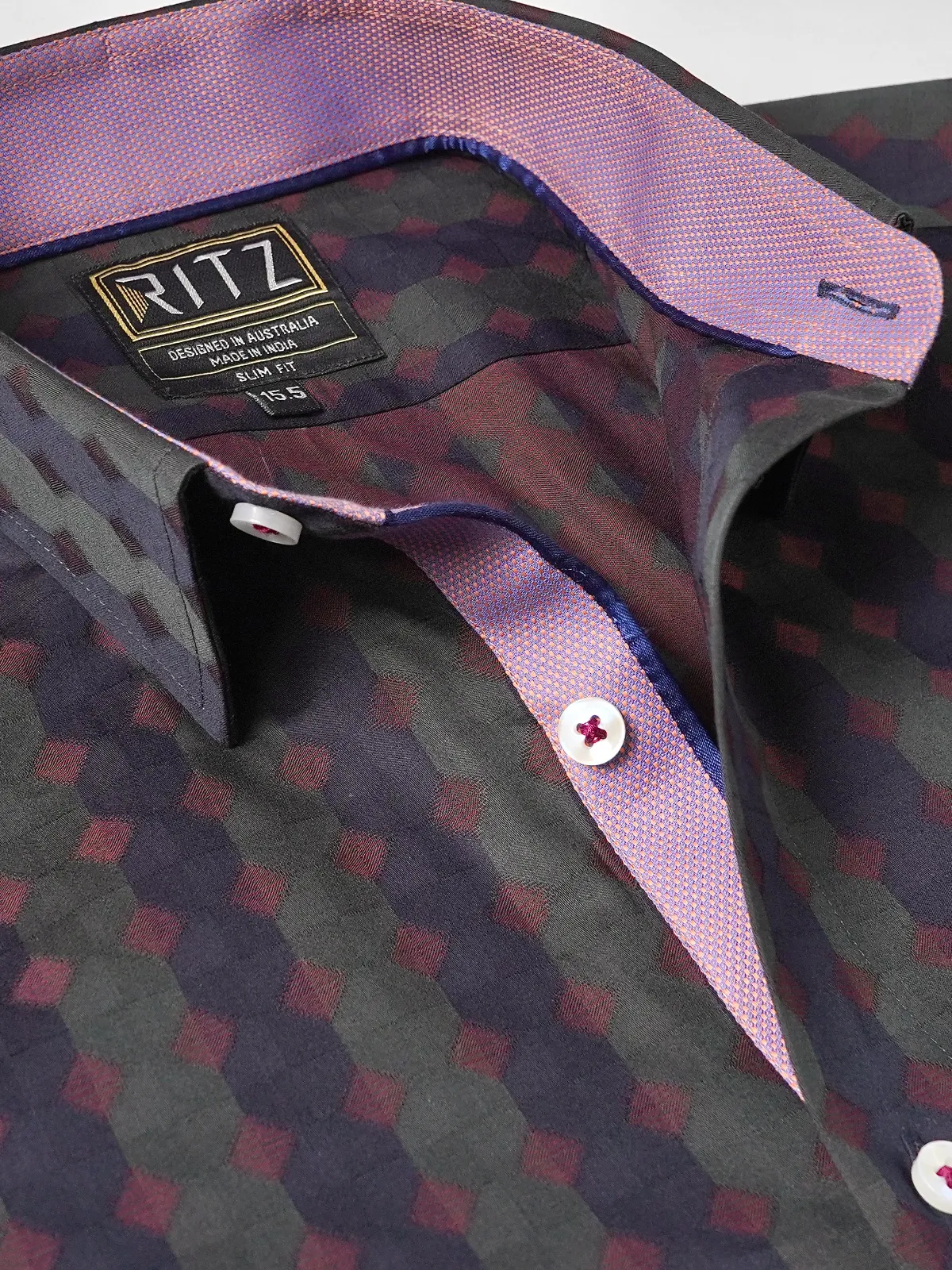 Pure Cotton Yarn-Dyed Shirt with Woven Diamond Pattern - Satin weave