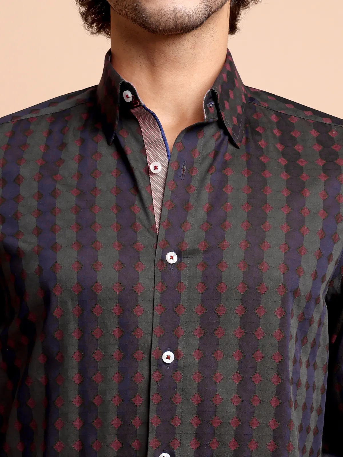 Pure Cotton Yarn-Dyed Shirt with Woven Diamond Pattern - Satin weave