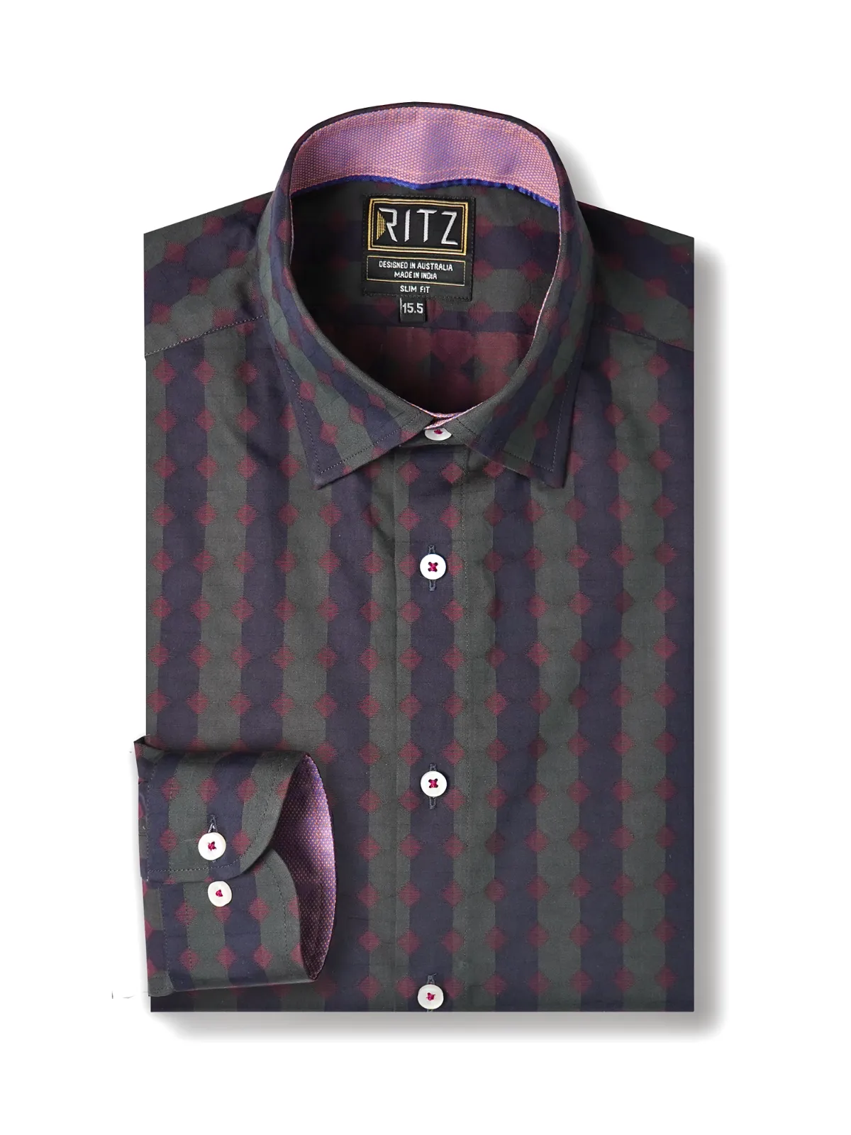 Pure Cotton Yarn-Dyed Shirt with Woven Diamond Pattern - Satin weave