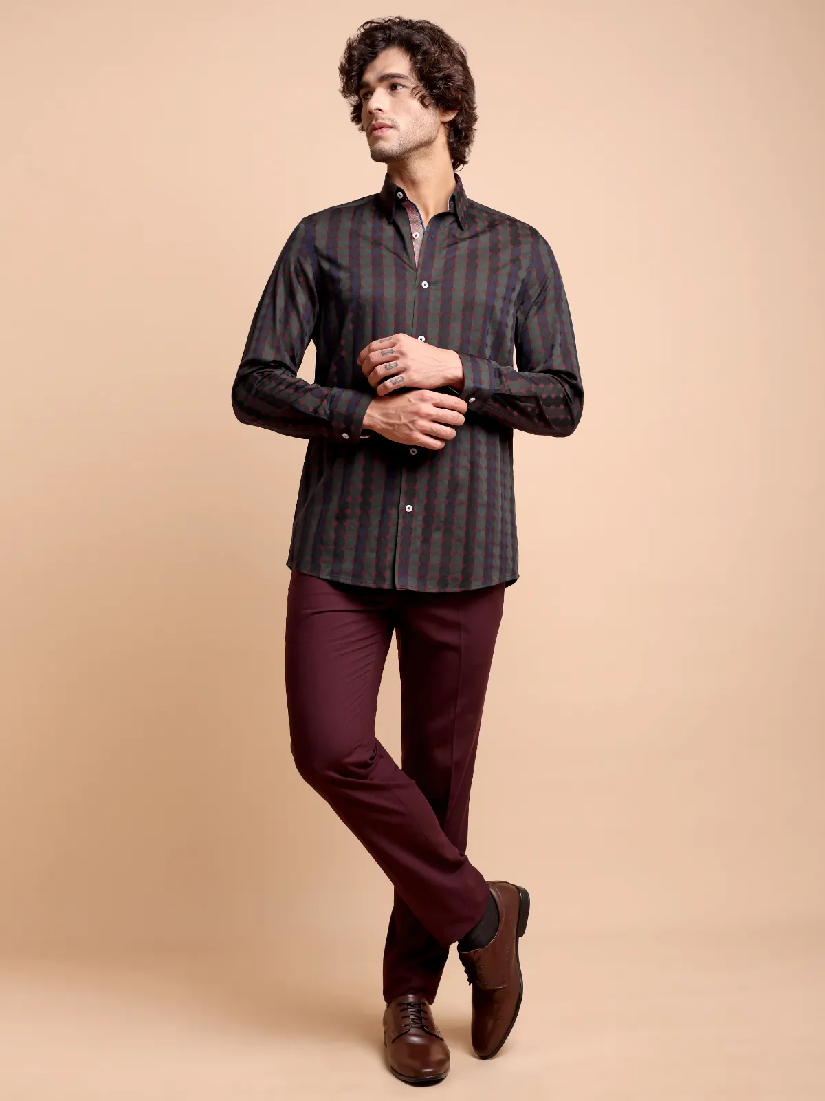 Pure Cotton Yarn-Dyed Shirt with Woven Diamond Pattern - Satin weave