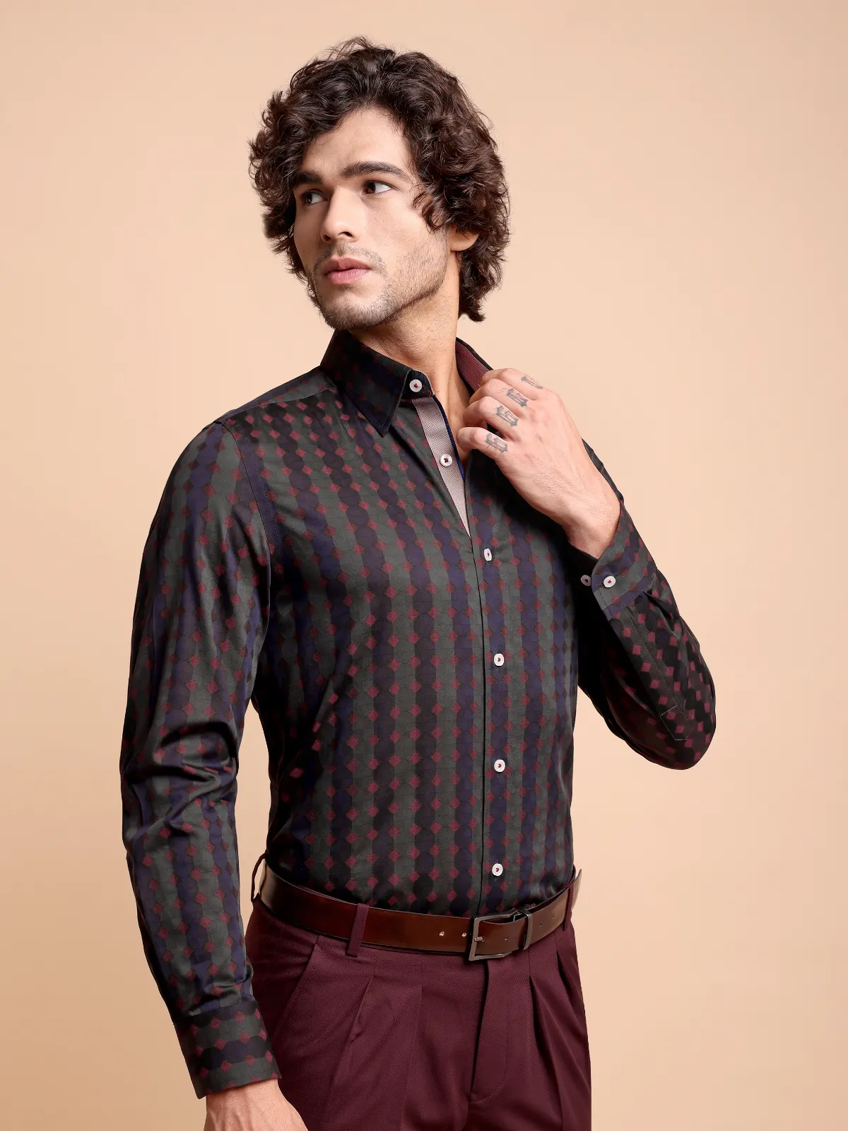 Pure Cotton Yarn-Dyed Shirt with Woven Diamond Pattern - Satin weave