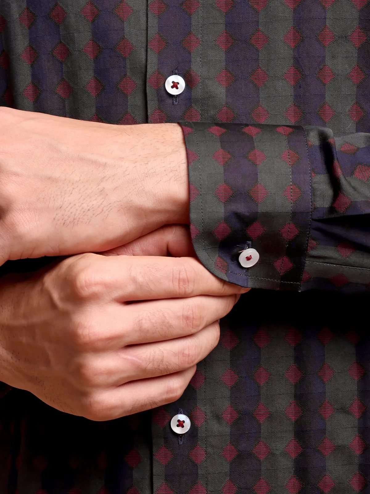 Pure Cotton Yarn-Dyed Shirt with Woven Diamond Pattern - Satin weave