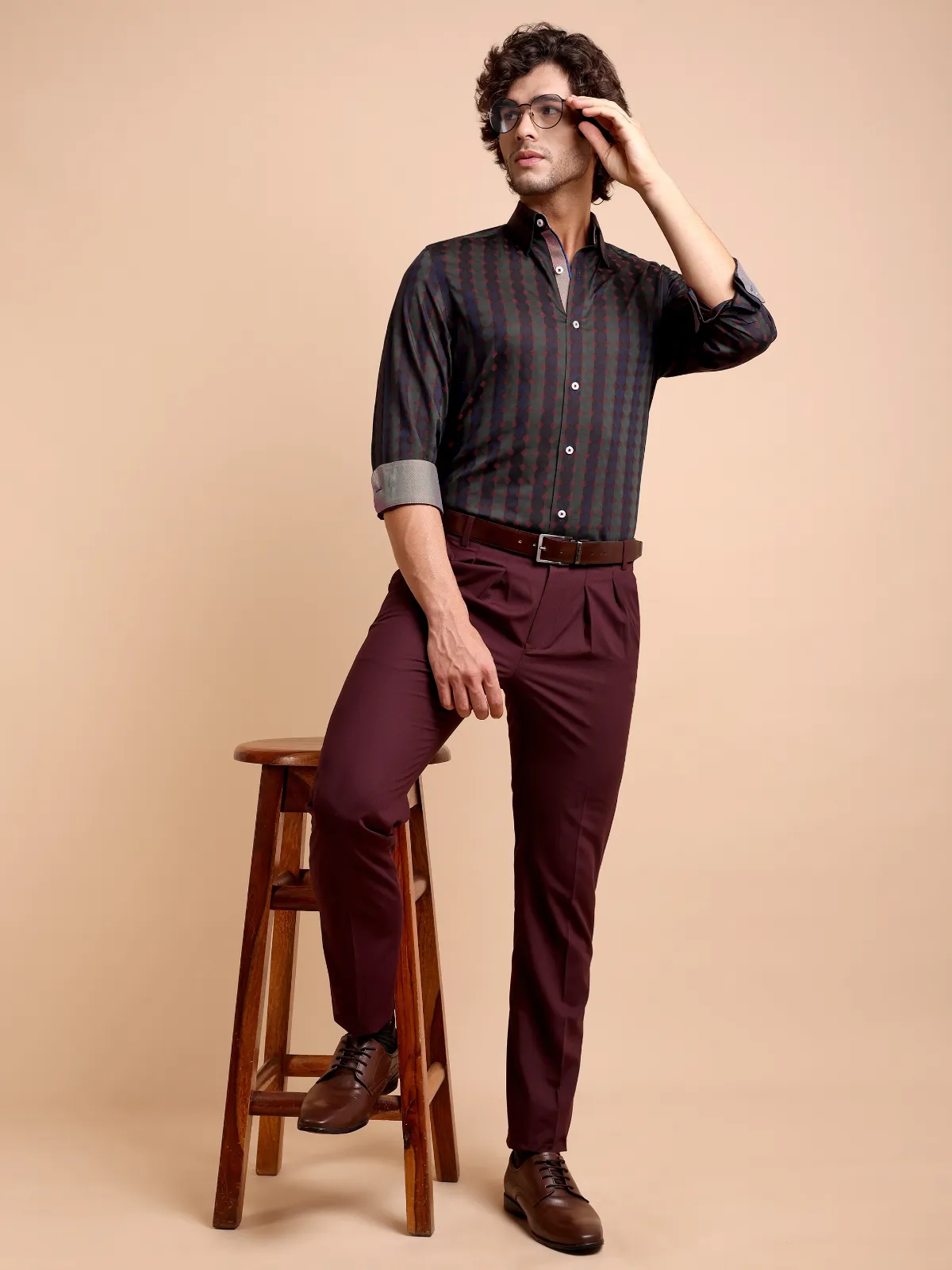 Pure Cotton Yarn-Dyed Shirt with Woven Diamond Pattern - Satin weave