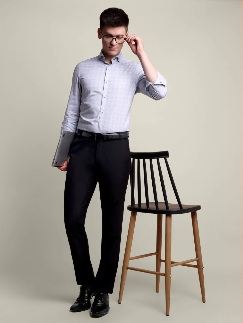 Non Iron Pure Cotton Grey and Blue Grid Shirt - Dobby Weave