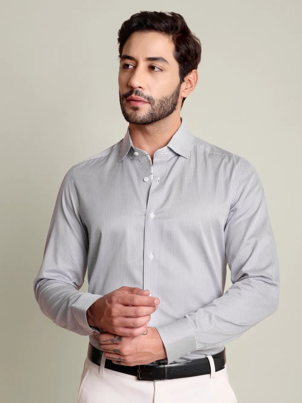 Non-Iron Pure Cotton Grey Stripped Shirt - Jacquard Weave