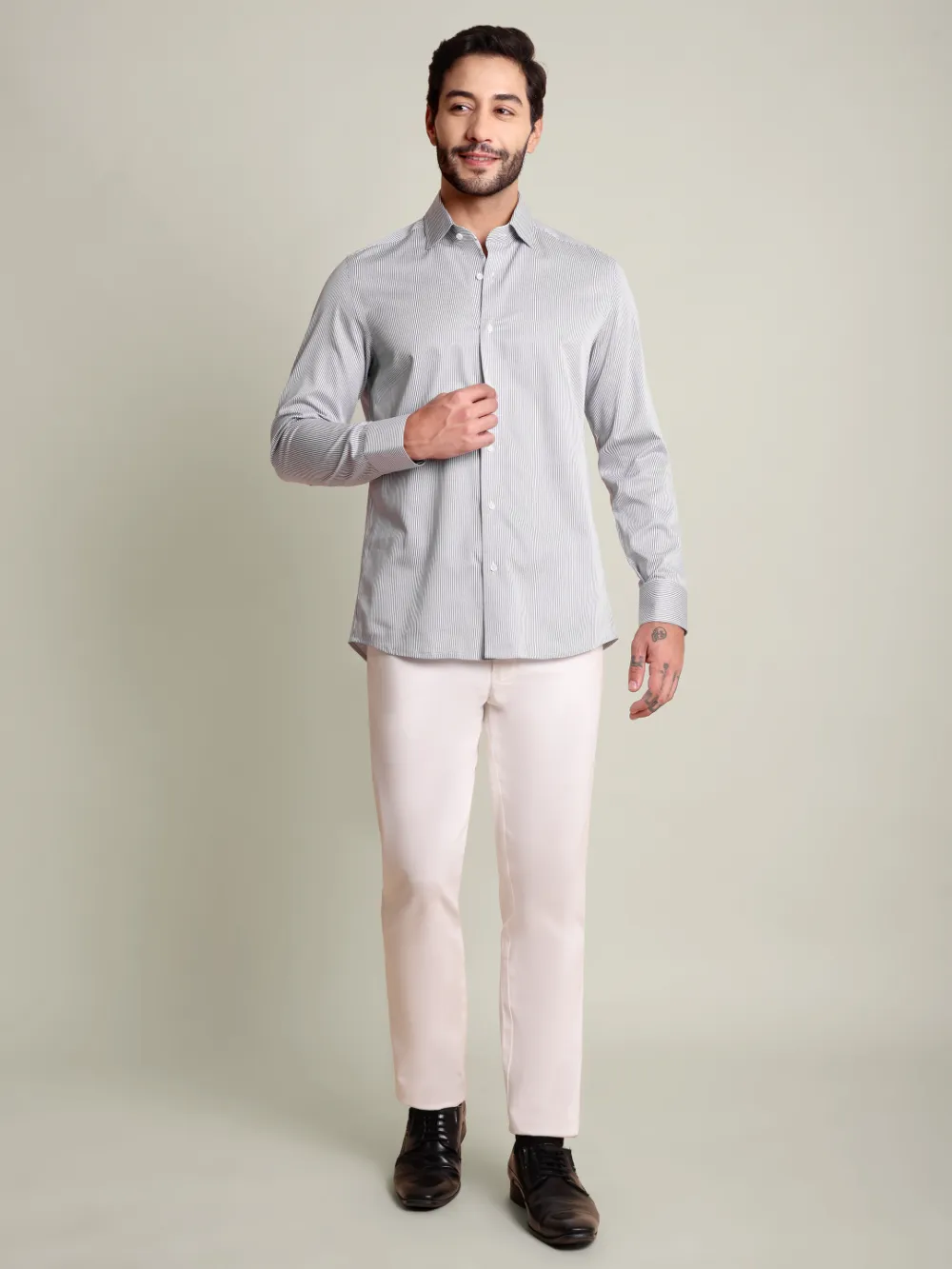 Non-Iron Pure Cotton Grey Stripped Shirt - Jacquard Weave