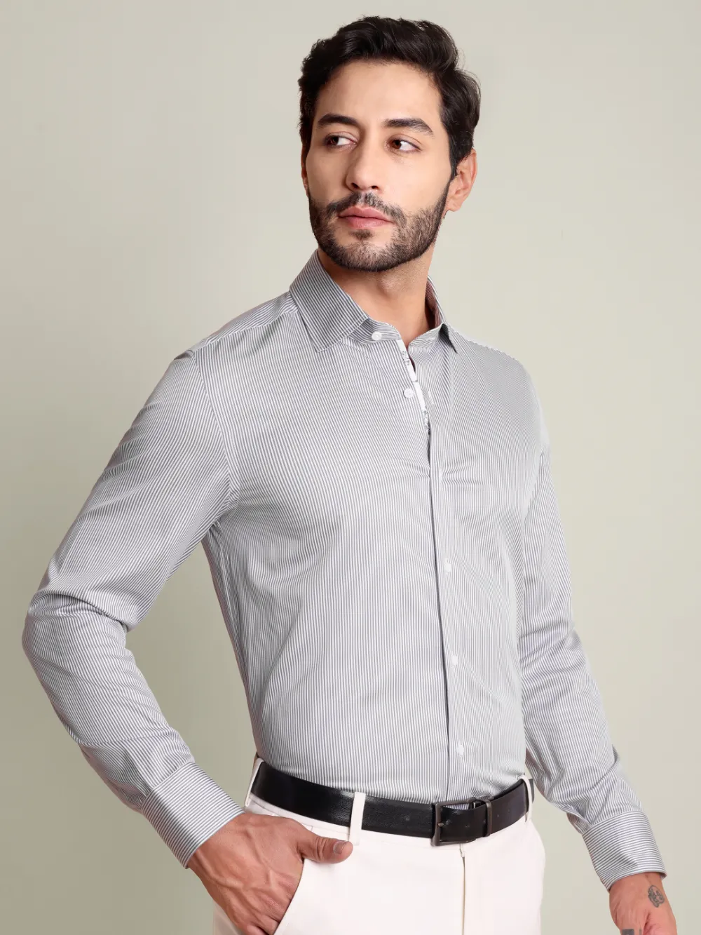 Non-Iron Pure Cotton Grey Stripped Shirt - Jacquard Weave