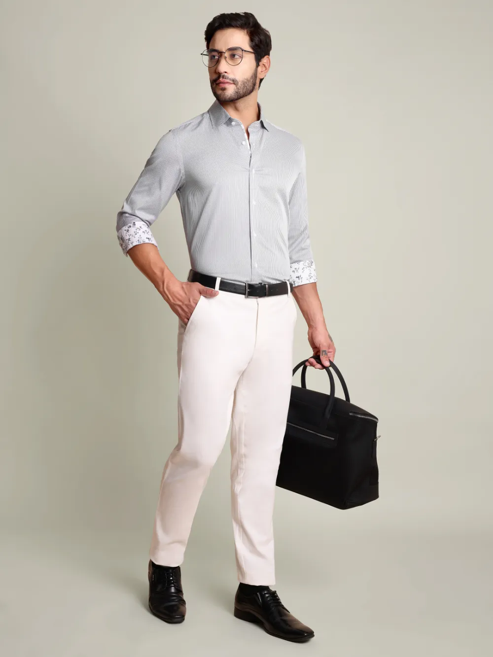 Non-Iron Pure Cotton Grey Stripped Shirt - Jacquard Weave