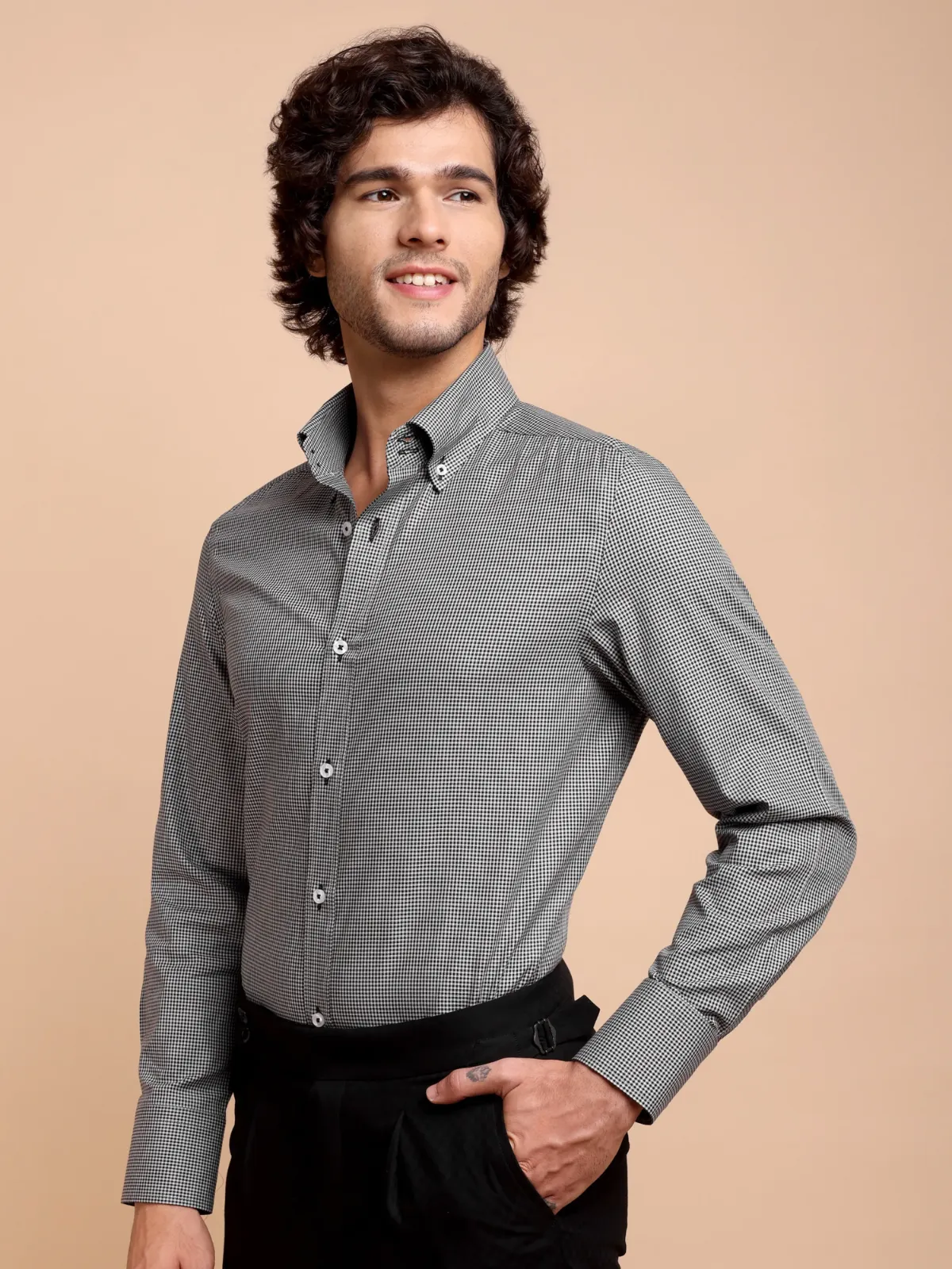 Non Iron Cotton Bear Hound's Tooth Shirt - Twill weave