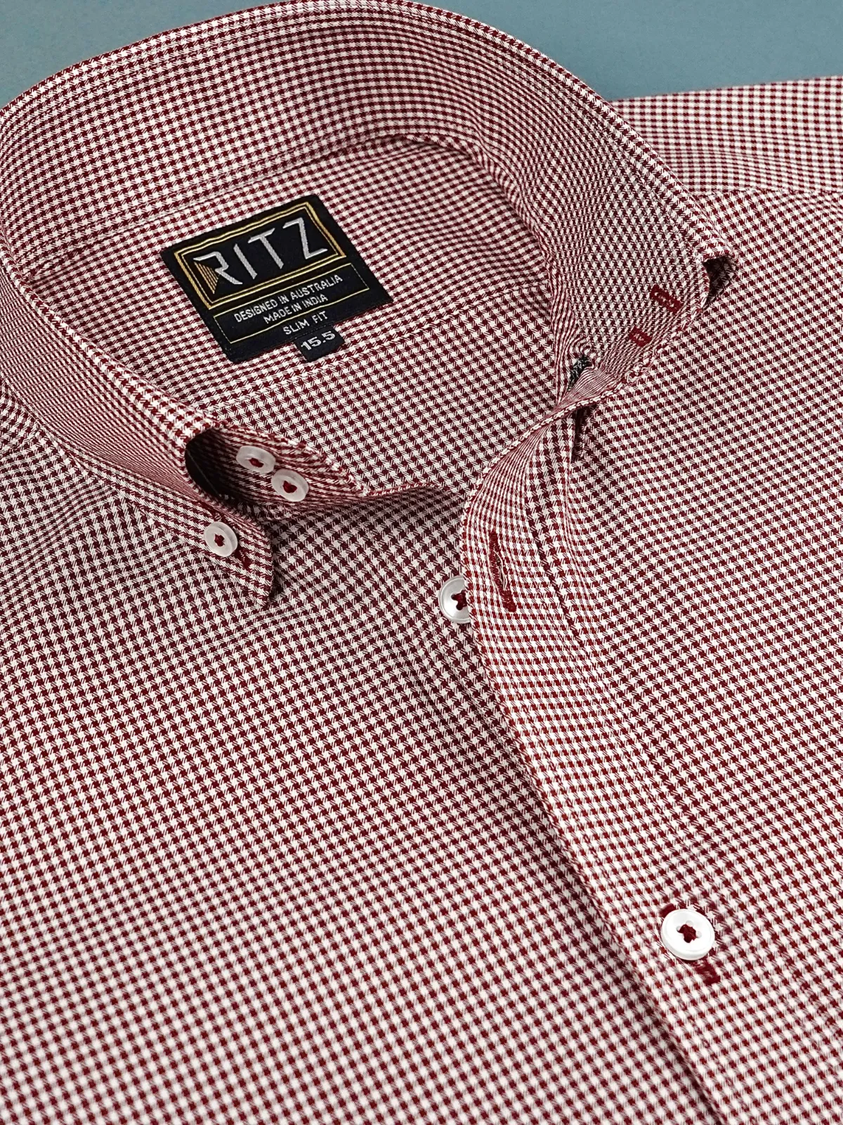 Non Iron Cotton Maroon Hound's Tooth Shirt - Twill weave