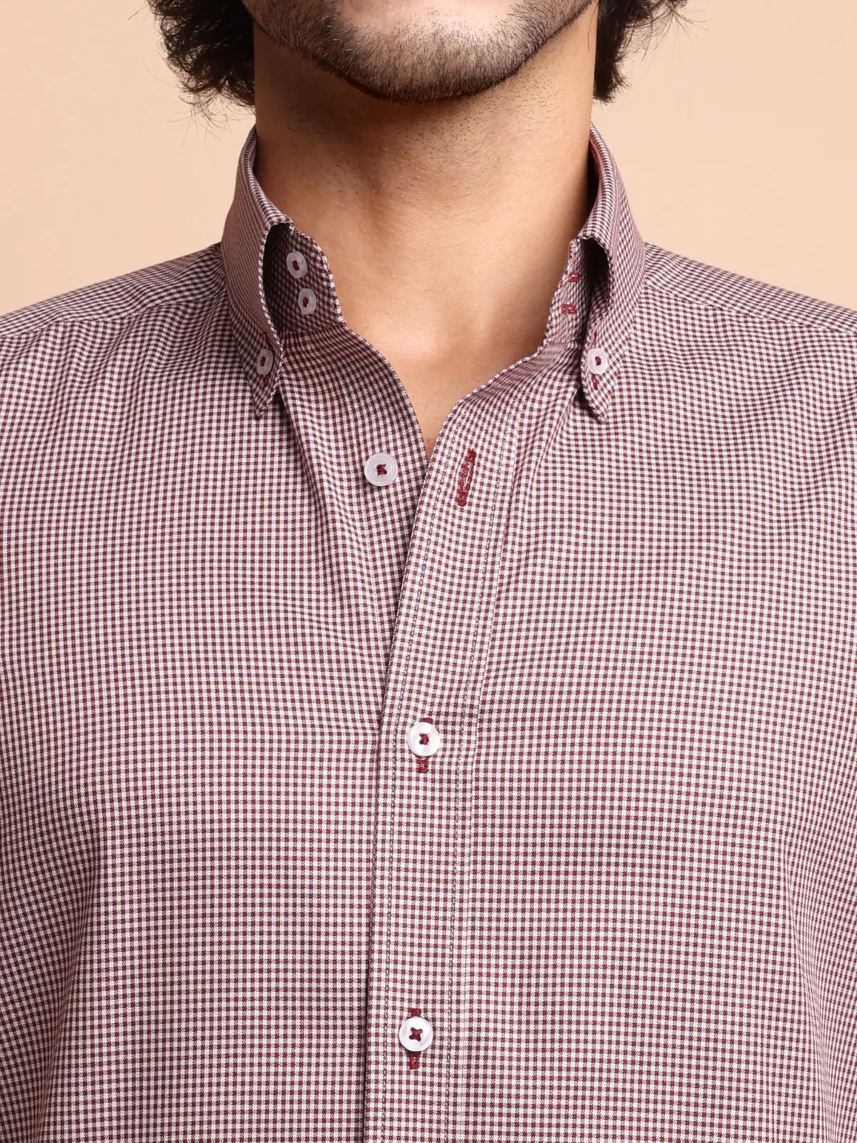 Non Iron Cotton Maroon Hound's Tooth Shirt - Twill weave