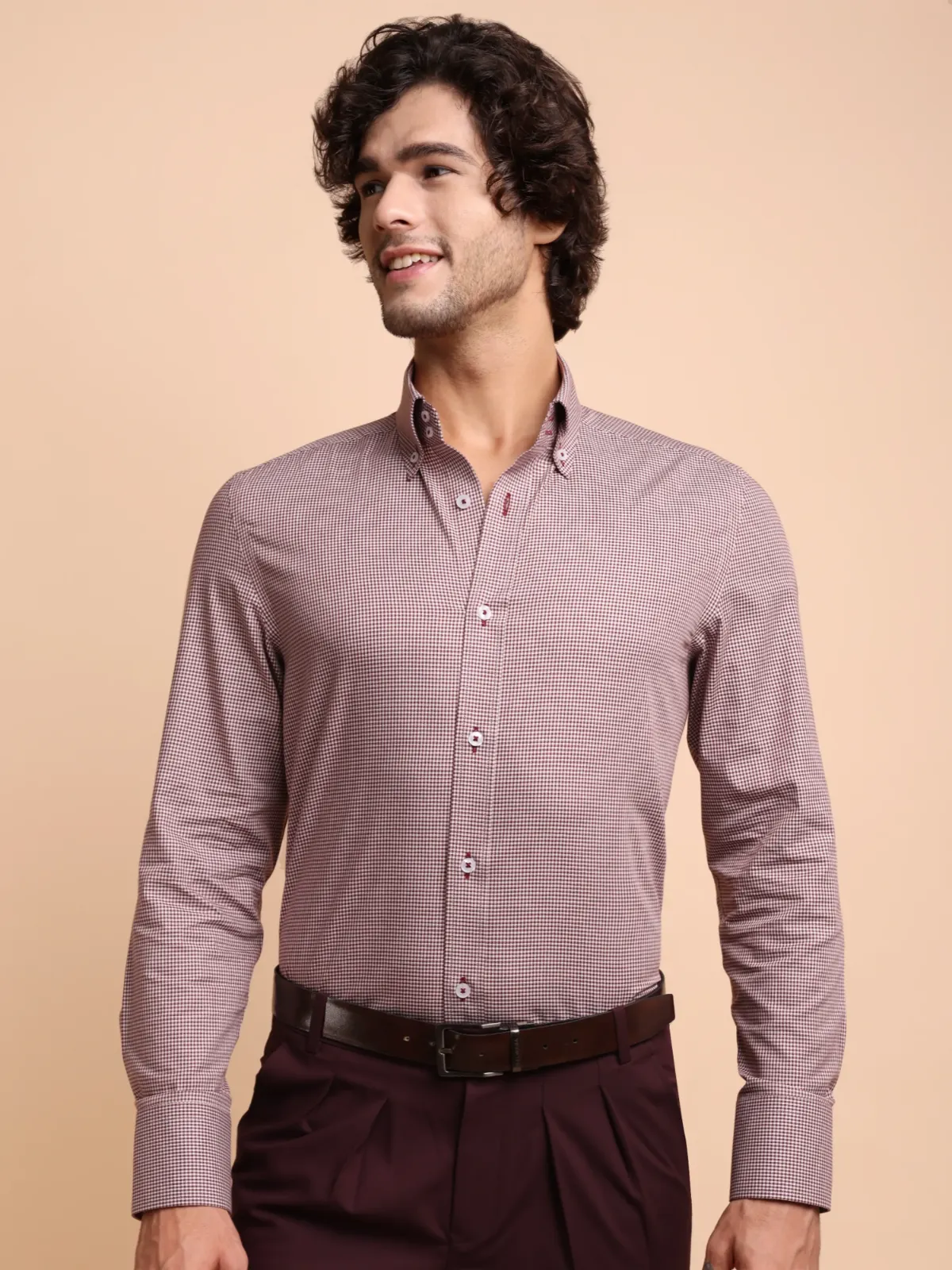 Non Iron Cotton Maroon Hound's Tooth Shirt - Twill weave