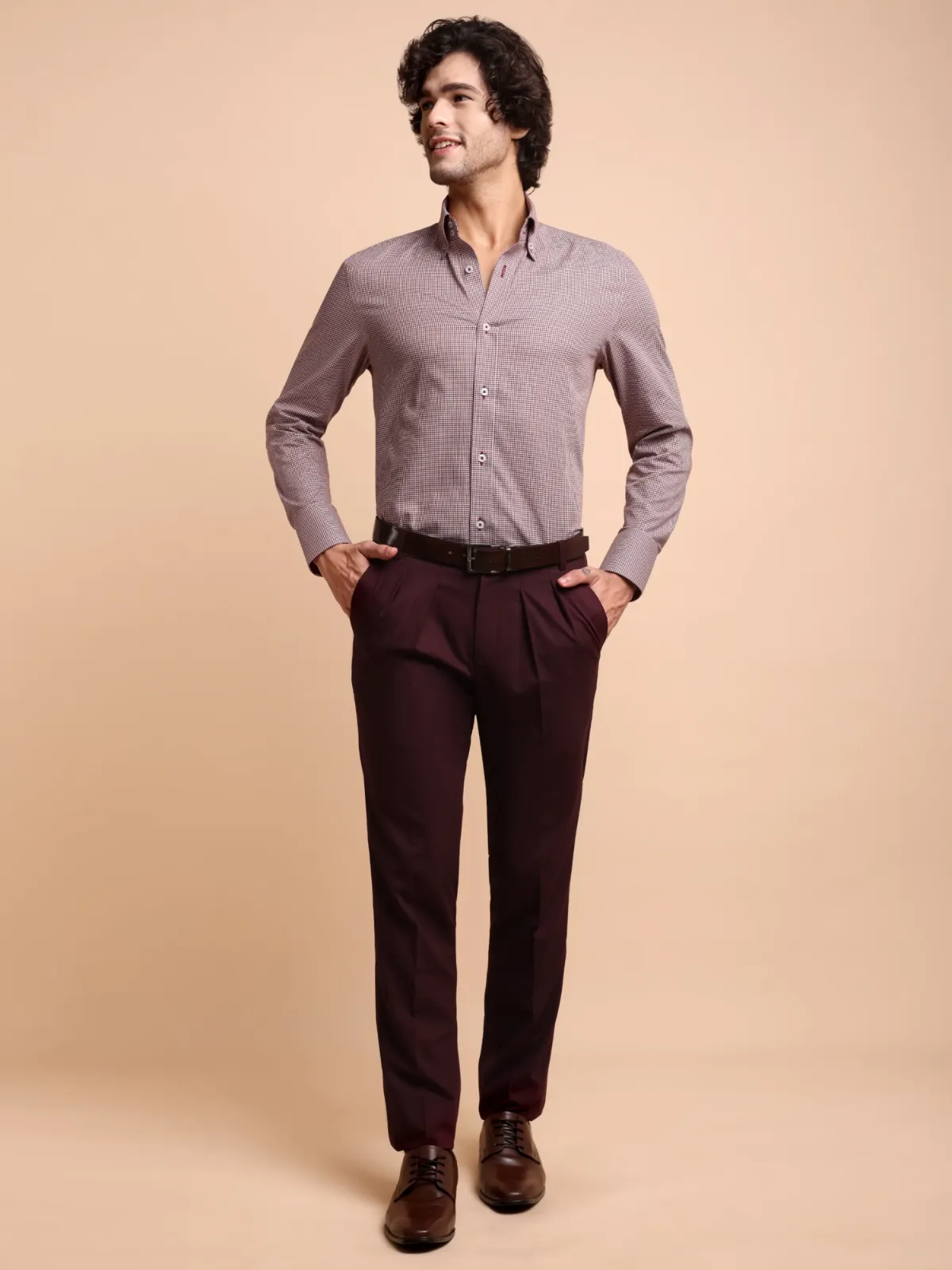 Non Iron Cotton Maroon Hound's Tooth Shirt - Twill weave