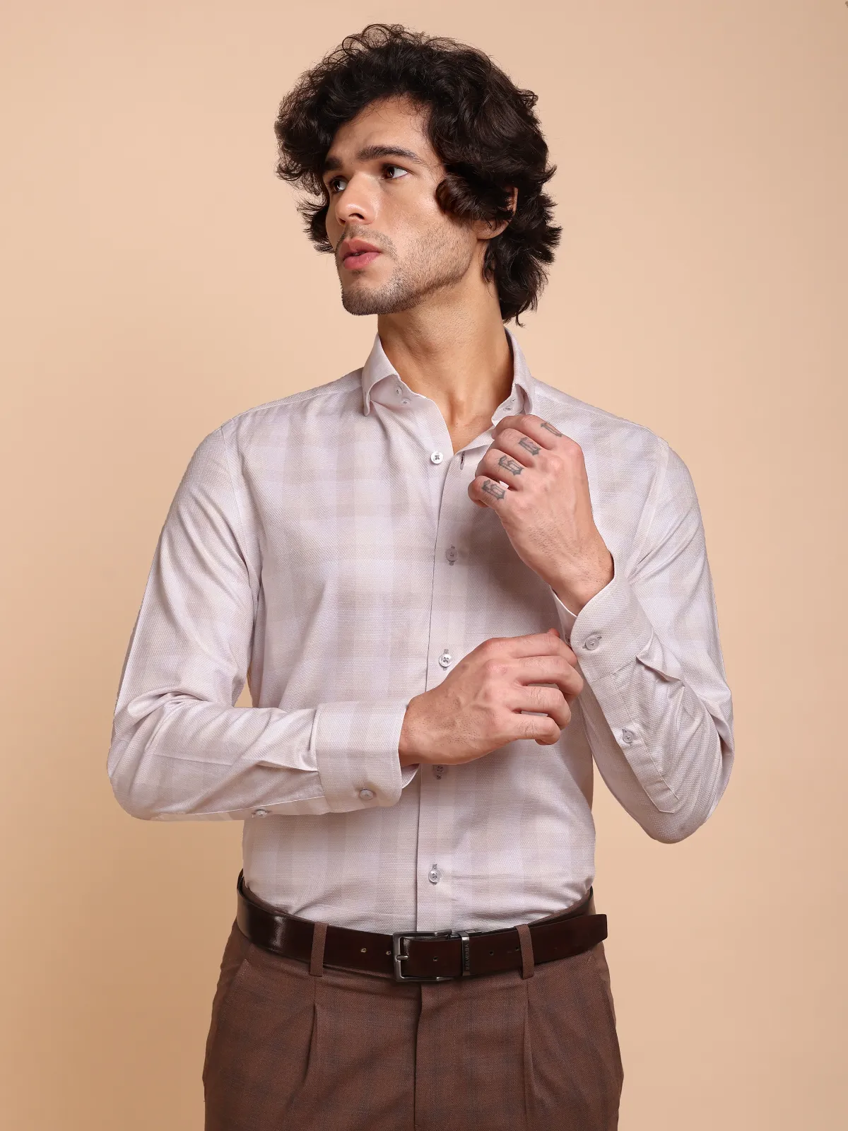 Non Iron Pure Cotton Shirt With Bold Grid Pattern - Dobby Weave