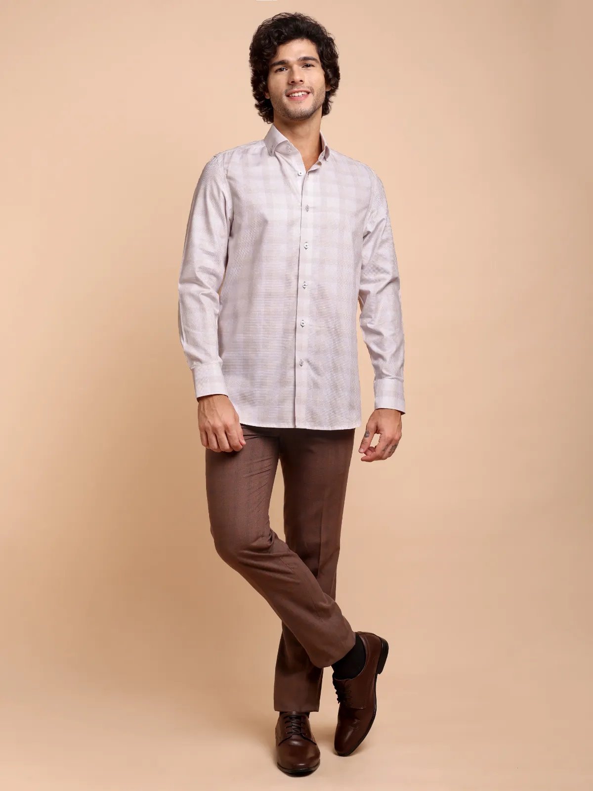 Non Iron Pure Cotton Shirt With Bold Grid Pattern - Dobby Weave