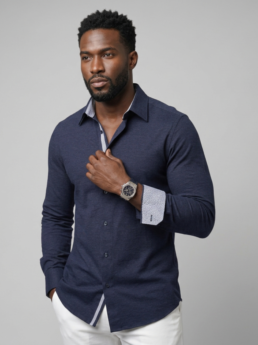 Non-Iron Stretch Cotton Deep Navy - Knitted Weave