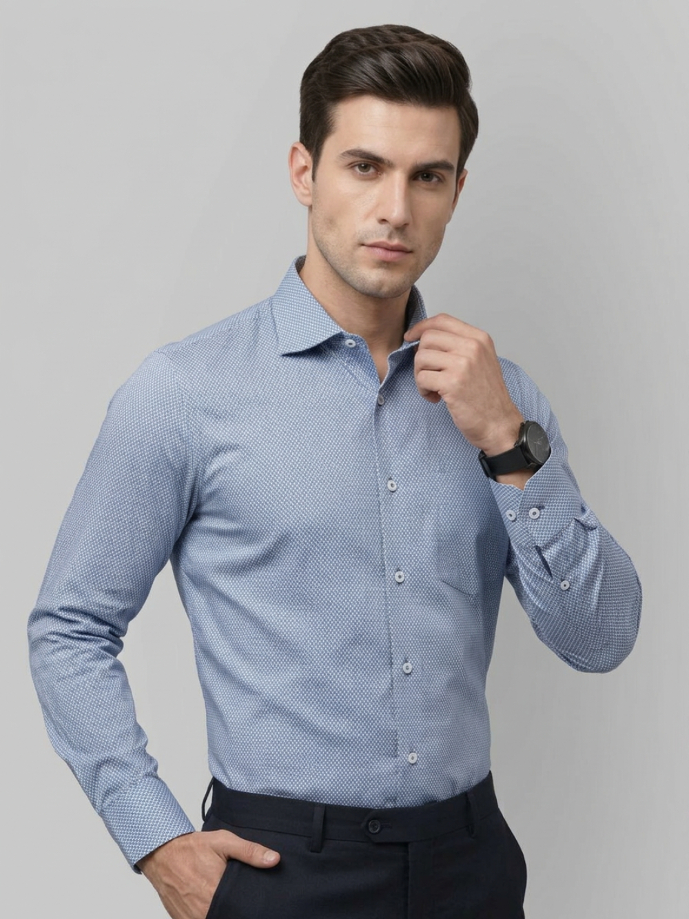 Non-Iron Stretch Blue Mosaic Shirt - Knitted Weave