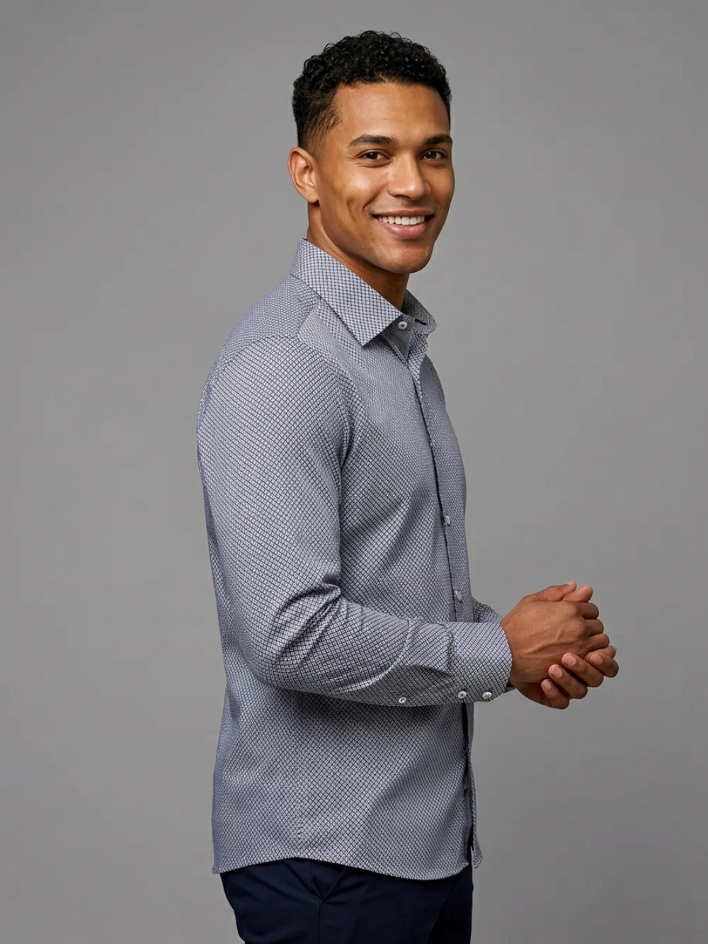 Non-Iron Stretch Cotton Navy Diamond Print Shirt