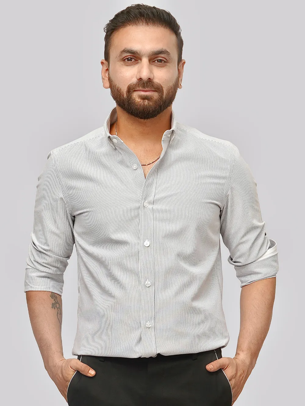 Oxford Button down Collar Shirt With Gray Pin Stripes