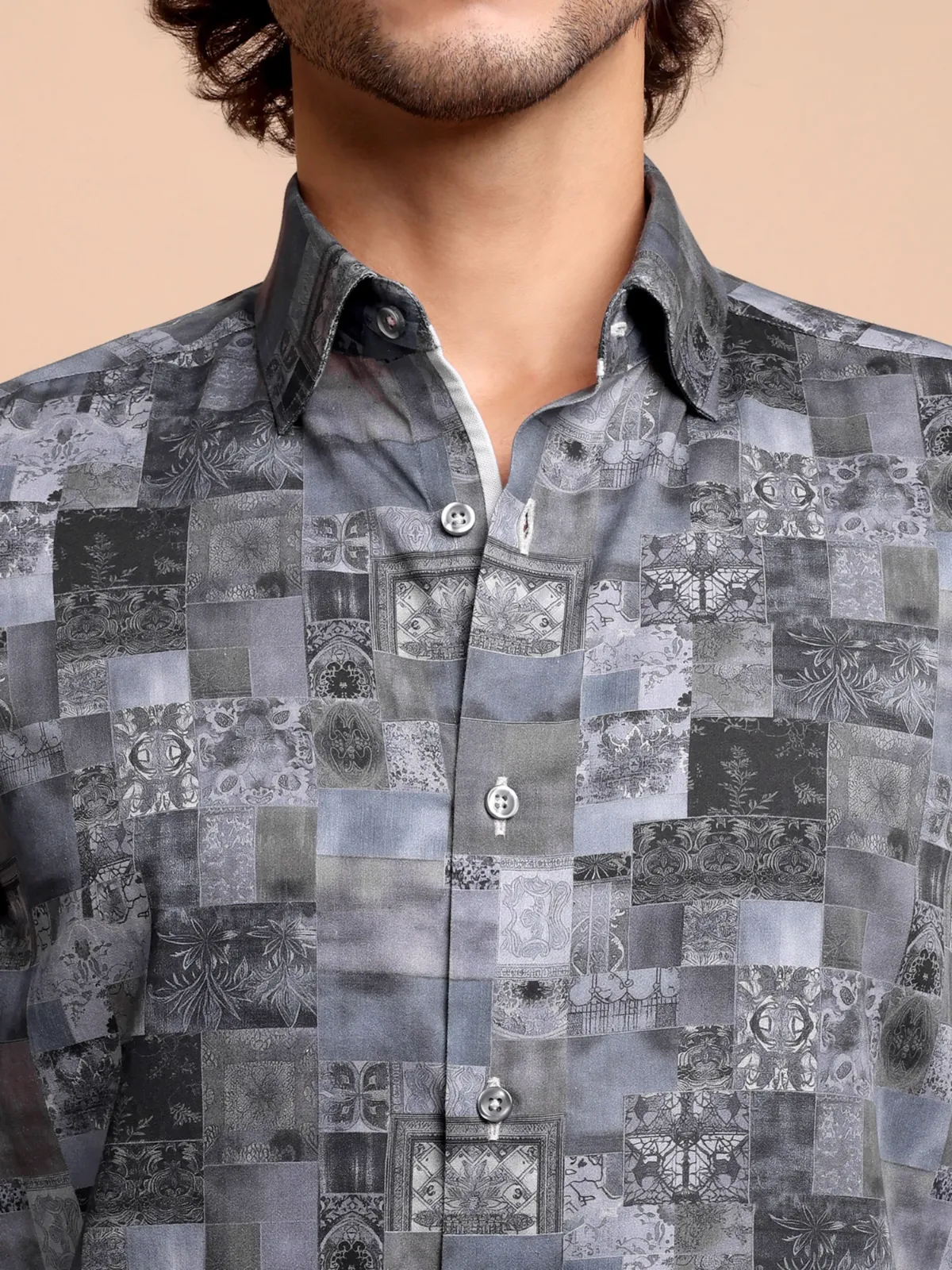 Pure Cotton Abstract Patches Shirt with Contrast Purple