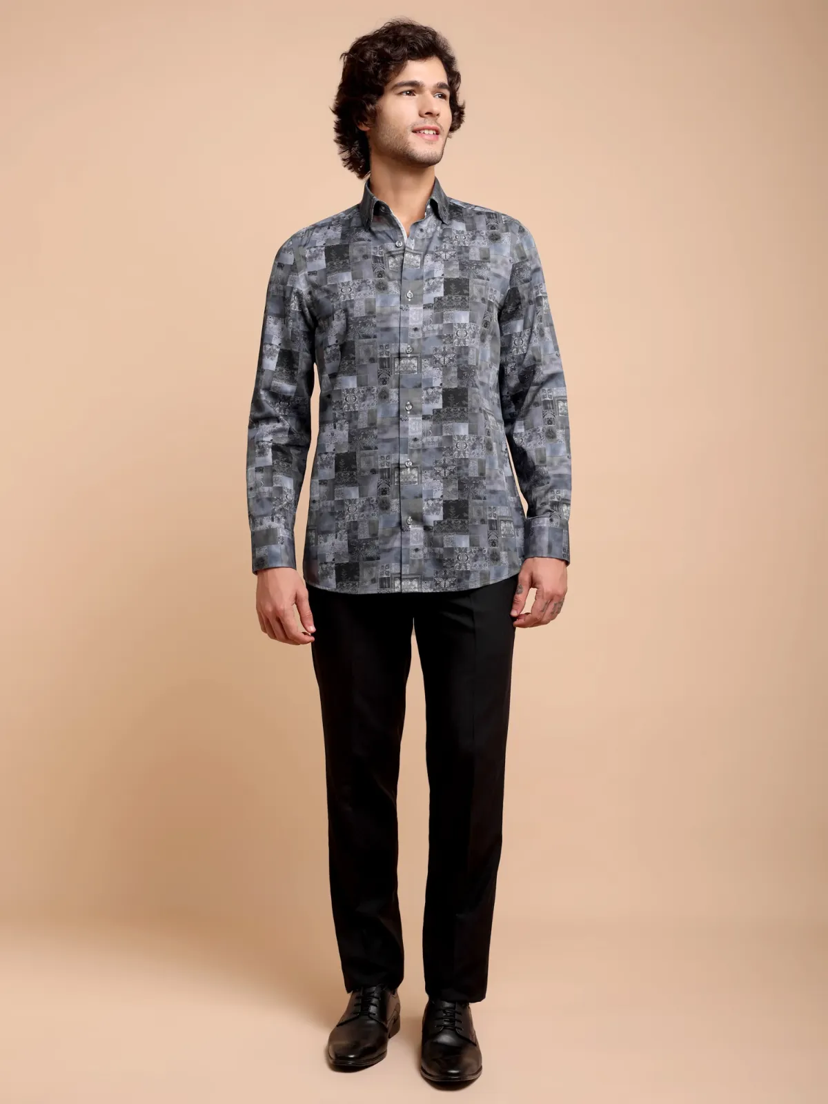 Pure Cotton Abstract Patches Shirt with Contrast Purple